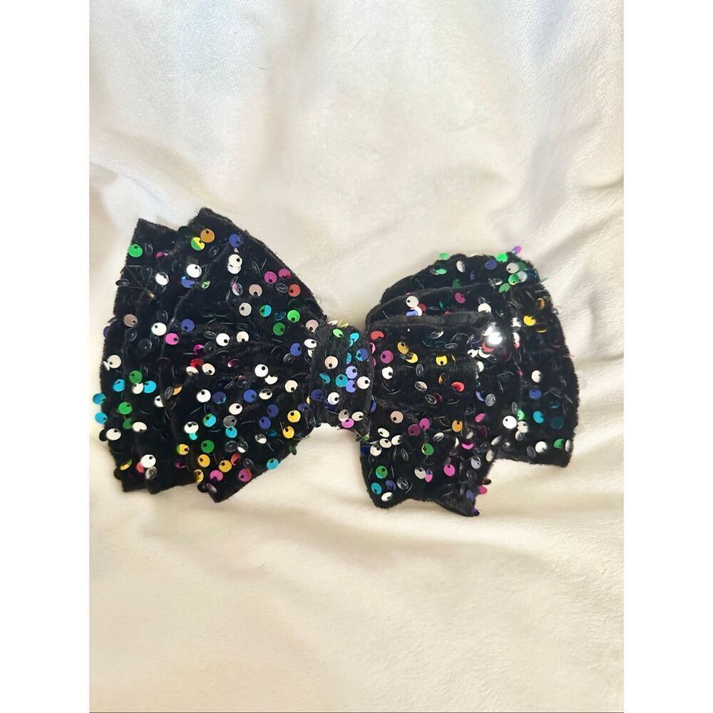 New Year’s Eve sequin black velvet, rainbow color party hair bow - with Barrett